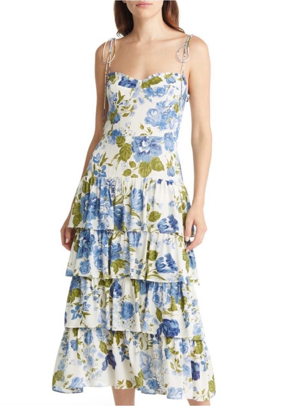 Reformation Kesia Dress Lucca Blue Floral Tiered Midi Dress Size 6